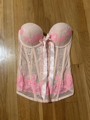 Victorias Secret Pink Lace Bustier Corset Lace up Ribbon 34B - Image 1 of 4