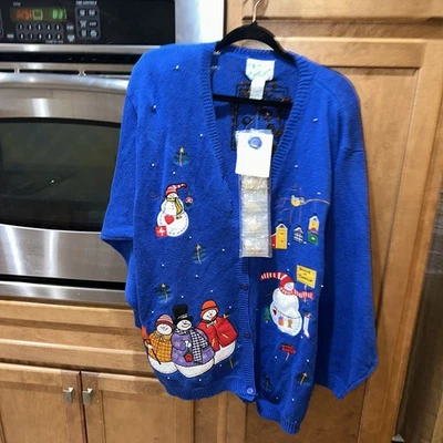 The Quacker Factory Sweater Womens 3X Plus Size Christmas Snowman Scene Blue NWT - Image 1 of 4