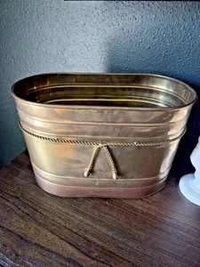 Vintage Hosley Brass Planter Rope Twist Oval Cachepot Container 15.5" x 10" Tall - Picture 1 of 9