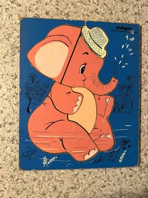 Vintage Blue Playskool 275-36 Pink Elephant Wooden Puzzle - Image 1 of 4