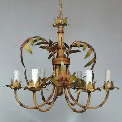 VINTAGE ITALIAN PALM LEAVES CHANDELIER PAINTED TOLE CEILING LIGHT 6 ARMS ITALY - Image 1 of 4