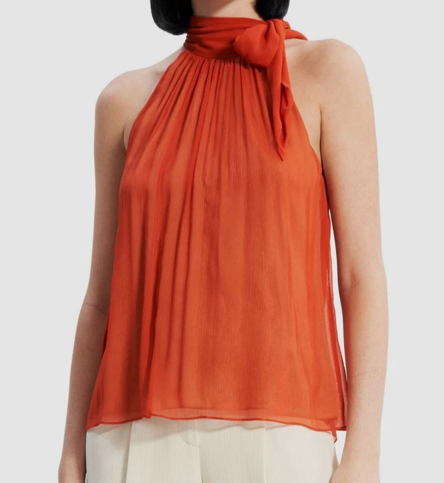 Theory Women's Orange Halter Bow Silk Blouse Top Size Medium