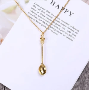 Tiny Gold Tea Spoon Shape Charm Gold Pendant Necklace With Crown - Gift - Picture 1 of 9