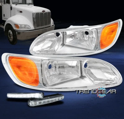 For 2005-2010 Peterbilt 330 335 387 Truck Chrome Headlight Headlamp +LED DRL Kit - Image 1 of 4