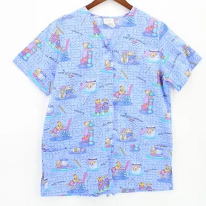 Simply Basic Scrub Top Womens Blue Cartoon All Over Print V Neck Size Small S - Picture 1 of 9
