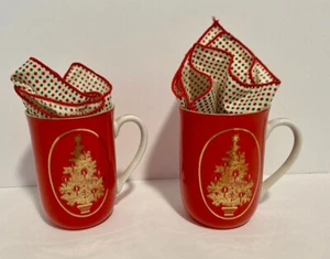 Red Gold Christmas Tree Mug Otagiri Japan Gibson Set Of 2 Mugs with napkins - Picture 1 of 6