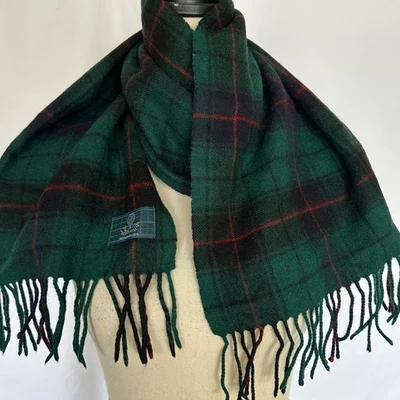 Cachecol Clans Of Scotland 100% lã de cordeiro verde vermelho tartan com franjas - Imagem 1 de 4
