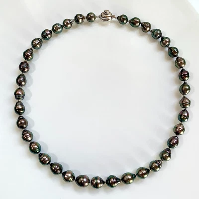 Collana di perle di Tahiti barocche verde-viola 8-11 mm argento sterling Clap... - Immagine 1 di 4