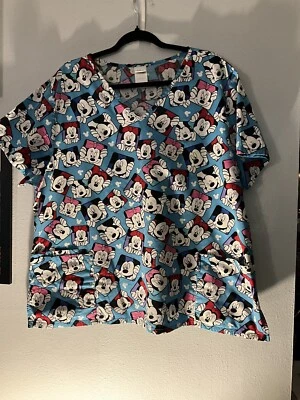 EUC Disney Sz 2X Scrub Top Pockets Side Slit Mickey Minnie Cotton Blend - Image 1 of 4