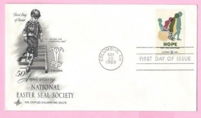 USA 1969 Art Craft FDC - HOPE - EASTER SEAL SOCIETY  - Cds COLUMBUS & FIRST DAY - Image 1 of 2