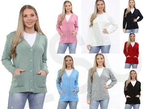 DAMEN MÄDCHEN EINFACHE STRICKJACKE MIT KNÖPFEN GESTRICKT LANGARM MIT TASCHEN - Bild 1 von 15