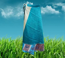 Womens Wrap Skirt, Recycled Sari Skirt, Ankle Length, Blue Wrap Skirt One size