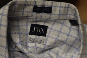 John W Nordstrom Shirt Mens Size 16 34-35 Blue Windowpane Check Canclini Fabric - Picture 1 of 4
