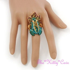 Stunning Catwalk Statement Frog On Lily Leaf Cocktail Ring w/ Swarovski Crystals - Picture 1 of 12