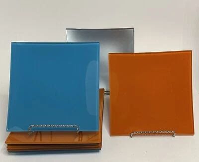 8 ~ Vintage Solid Color Glass 7" Square Plates Painted Back Blue Orange Silver - Image 1 of 4