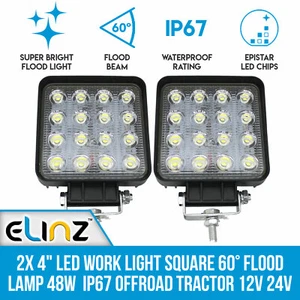 2x 4" LED Work Light Square 60° Flood Lamp 96W IP67 Offroad Tractor 12V 24V - Picture 1 of 11