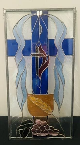 HANDMADE RELIGIOUS MULTICOLOR STAINED GLASS WINDOW SUNCATCHER PANEL 12.5 X24.5" - Picture 1 of 2