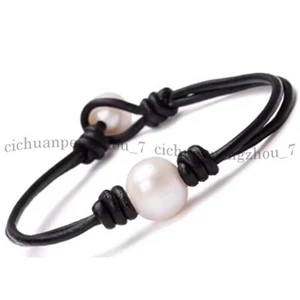 9-10mm White Natural Freshwater Baroque Pearl Black Leather Rope Bracelet 7.5'' - Picture 1 of 6