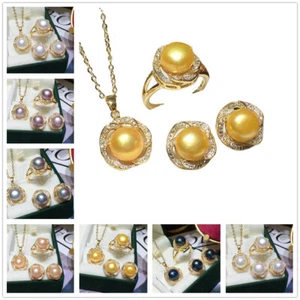 Natural Akoya Cultured Pearl Beads Pendientes + Anillo + Collar Colgante Set AAA - Imagen 1 de 14