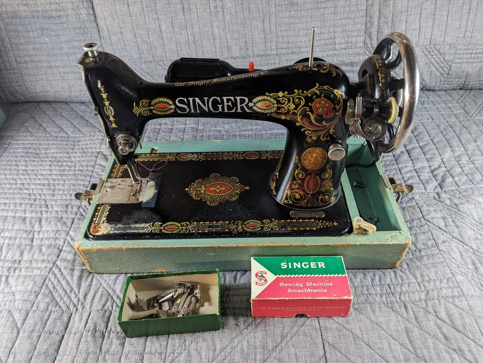 Antique Singer Model 66 ‘Red Eye’ Portable Sewing Machine w/ Case & Attach - Image 1 of 4
