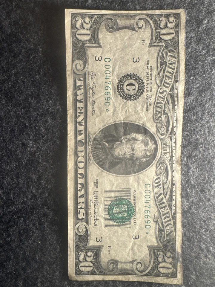 Винтажная звездчатая банкнота номиналом 20 долларов 1977 с низким серийным номером - Изображение 1 из 2