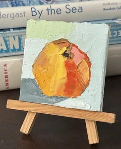 "Pintura al óleo pequeña original de 3"" naturaleza muerta melocotón - pequeña sobre lienzo con caballete" - Imagen 1 de 7