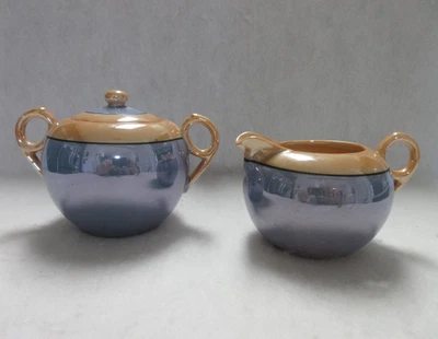 Lusterware vintage coberto de porcelana açúcar e creme azul e pêssego/laranja Japão - Imagem 1 de 4