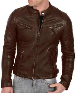 Men's Brown Leather Jacket Real Sheep Napa Leather Biker Style Cafe Racer Jacket - Picture 1 of 7