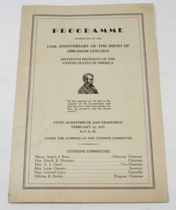 1935 President Abraham Lincoln 126th Birthday Anniversary Program San Francisco - Picture 1 of 3