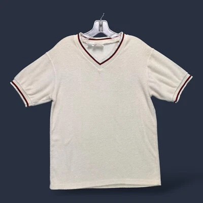 Tela de rizo vintage Kings Road Sears años 70 marfil cuello en V ribete a rayas para hombre M Foto 1 de 4