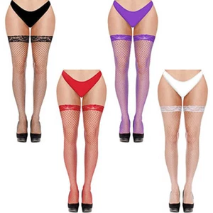 Women's Fishnet Thigh Highs stockings with Stay Up Lace Top Sheer Nylon Hosiery - Picture 1 of 15