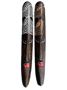 SET OF 2 40” ZEBRA GIRAFFE MASK HAWAIIAN WALL ART ISLAND HOME DECOR BAR TROPICAL - Picture 1 of 2