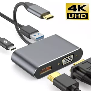 USB C to 4K HDMI VGA Multiport Adapter 4-in-1 Hub USB 3.0 Charging Power PD Port - Picture 1 of 19