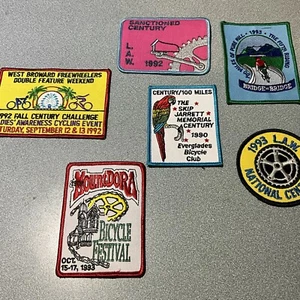 Vintage bicycle patch lot Mix 6 Patches 1990's L.A.W. CENTURY / MOUNT DORA ETC - Picture 1 of 9