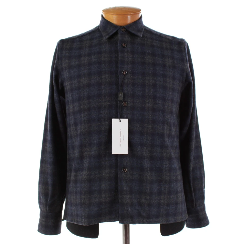 Luciano Barbera NWT Wool Cashmere Overshirt Size S In Blue & Gray Plaid - Image 1 of 4