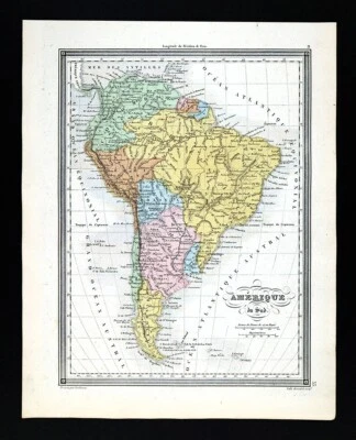 Mapa Vuillemin 1850 América del Sur Brasil Perú Colombia Argentina Patagonia Chile Foto 1 de 4