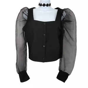 Blusa Nasty Gal Negra Recortada Organza Manga Abullonada Cuello Cuadrado Botón Delantero M L - Imagen 1 de 9