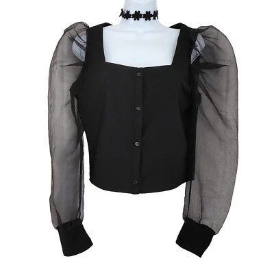 Nasty Gal блузка черный укороченный органза Puff рукав квадратный вырез кнопка спереди M L - Изображение 1 из 4