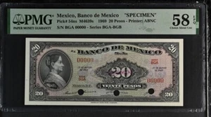 Banco de Mexico SPECIMEN P#54ns M4639s 1969 20 Pesos PMG Ch. About UNC 58 EPQ - Picture 1 of 2