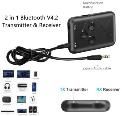 AHUB Adaptador receptor transmisor inalámbrico Bluetooth 2 en 1 audio estéreo TV auxiliar de 3,5 mm