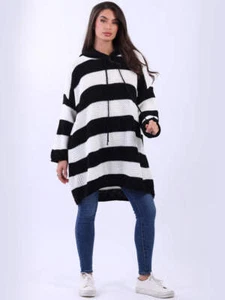 Ladies Winter Oversized Stripy Chunky Knitted Long Sleeve Hooded Jumper Dress - Picture 1 of 22