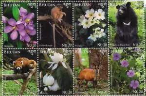 Francobolli Bhutan 2014 Flora Fauna Fiori Panda Rosso Animali Langur 8v MNH - Foto 1 di 1
