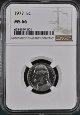 Монета номиналом 5 центов 1977 с изображением Джефферсона NGC MS 66 - Изображение 1 из 2