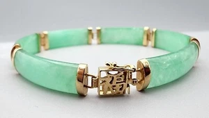 14k 585 Gold YG AAA Jade Jadeite Fu Fuku Bracelet Bangle Cuff China Sz M Au 2120 - Picture 1 of 22