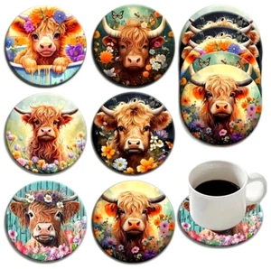 NEW Floral Highland Cow Wooden Beverage Drink Bar Coasters Set of 6 round 4 in. - Picture 1 of 4