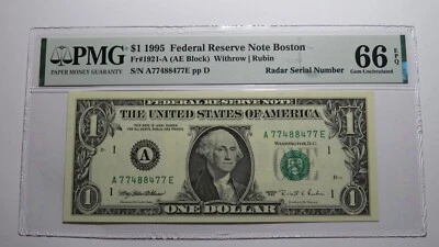 $1 1995 Radar Serial Number Federal Reserve Currency Bank Note Bill PMG UNC66EPQ - Image 1 of 3