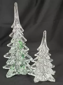 Vintage Enesco Art Glass Clear & Green Christmas Trees 5.5" & 8.25" Tall - Picture 1 of 13