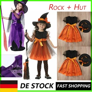 Hexenkostüm Kinder Mädchen Hexe Kleid Hut Sets Halloween Karneval Cosplay NEU - Bild 1 von 23