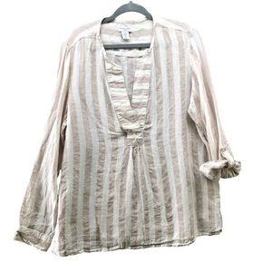 Antibes Blanc 100% Linen Top Womens XL Beige White Striped V-Neck Roll Tab - Picture 1 of 9