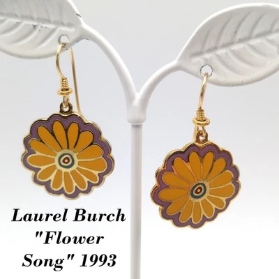 Pendientes de flores Laurel Burch "Flower Song" 1993 chapados en oro amarillo púrpura esmalte Foto 1 de 4